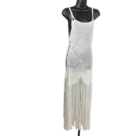 Venus crochet womens beach cover up S/M white long fringing - Picture 1 of 7